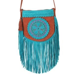 Teal Suede Leather Embroidered Crossbody Bag